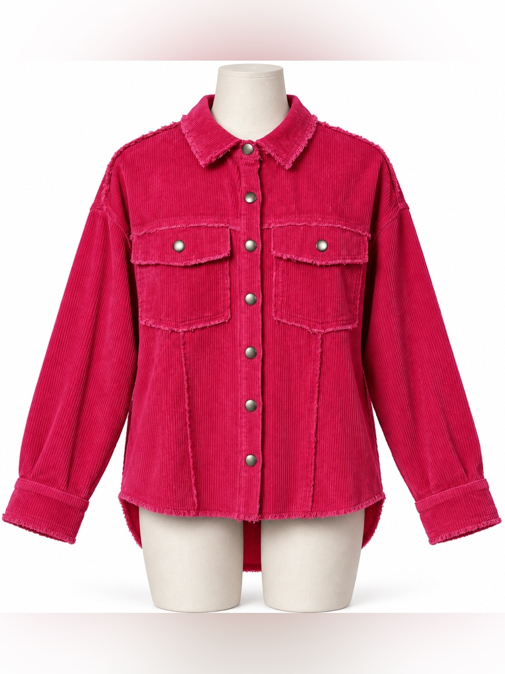 HYFVE Small Red Corduroy Raw Hem Snap-Front Shacket Rasberry Oversized Fit